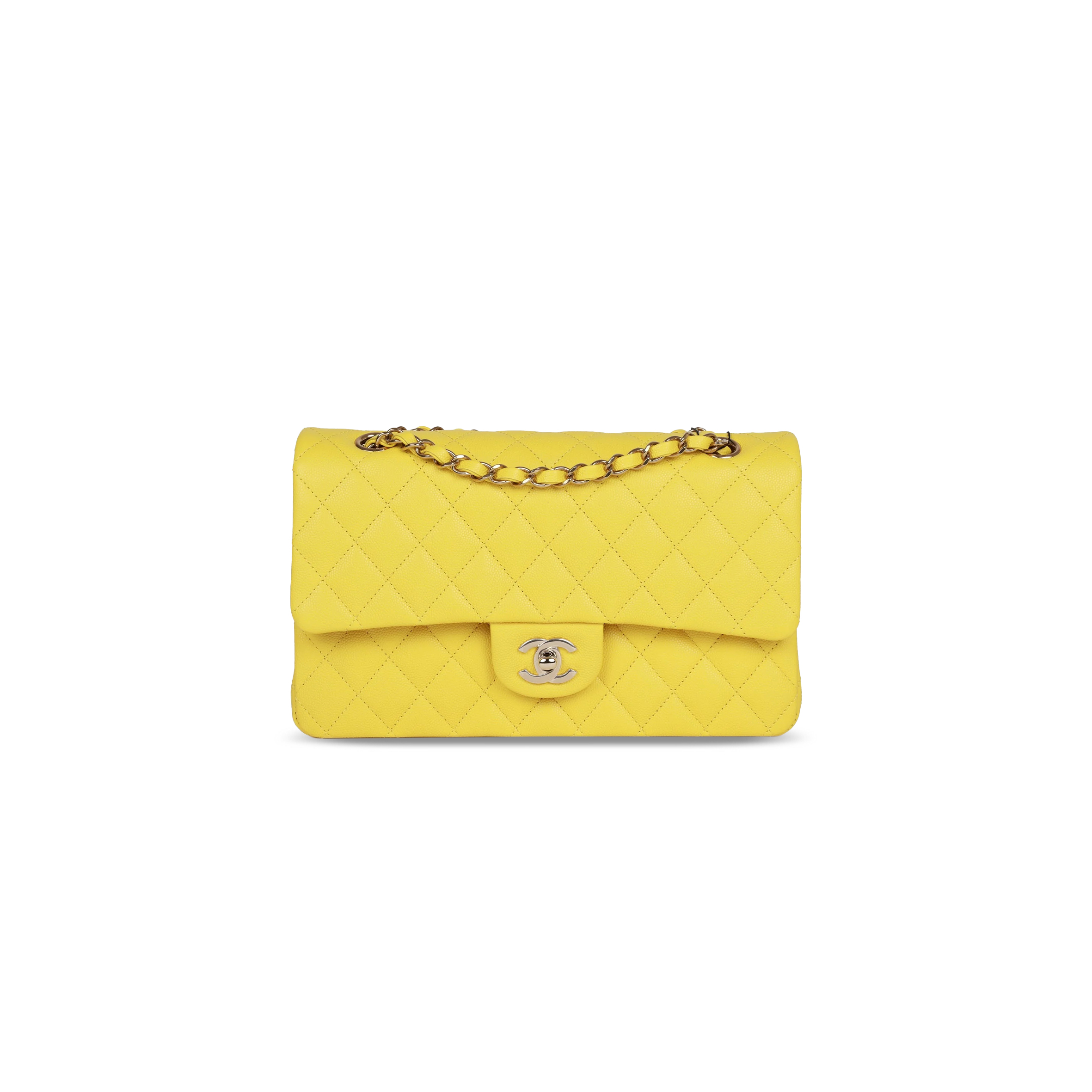 CHANEL MASTER CAVIAR MEDIUM CLASSIC DOUBLE FLAP BAG YELLOW LIGHT GOLD HARDWARE A01112 (25*15*7cm)